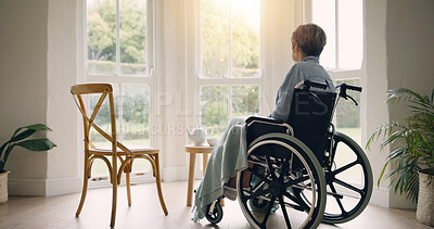 Buy stock photo Wheelchair, old woman or thinking and lonely by window in nursing home or retirement with depression. Nostalgia, sad memory or depressed elderly person in lounge by an empty chair to remember past