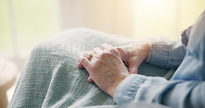 Buy stock photo Senior, woman and hand with closeup in retirement home for comfort, care or support for nostalgia of past. Elderly patient, alone and depression for bad mental health, stress or anxiety with worry