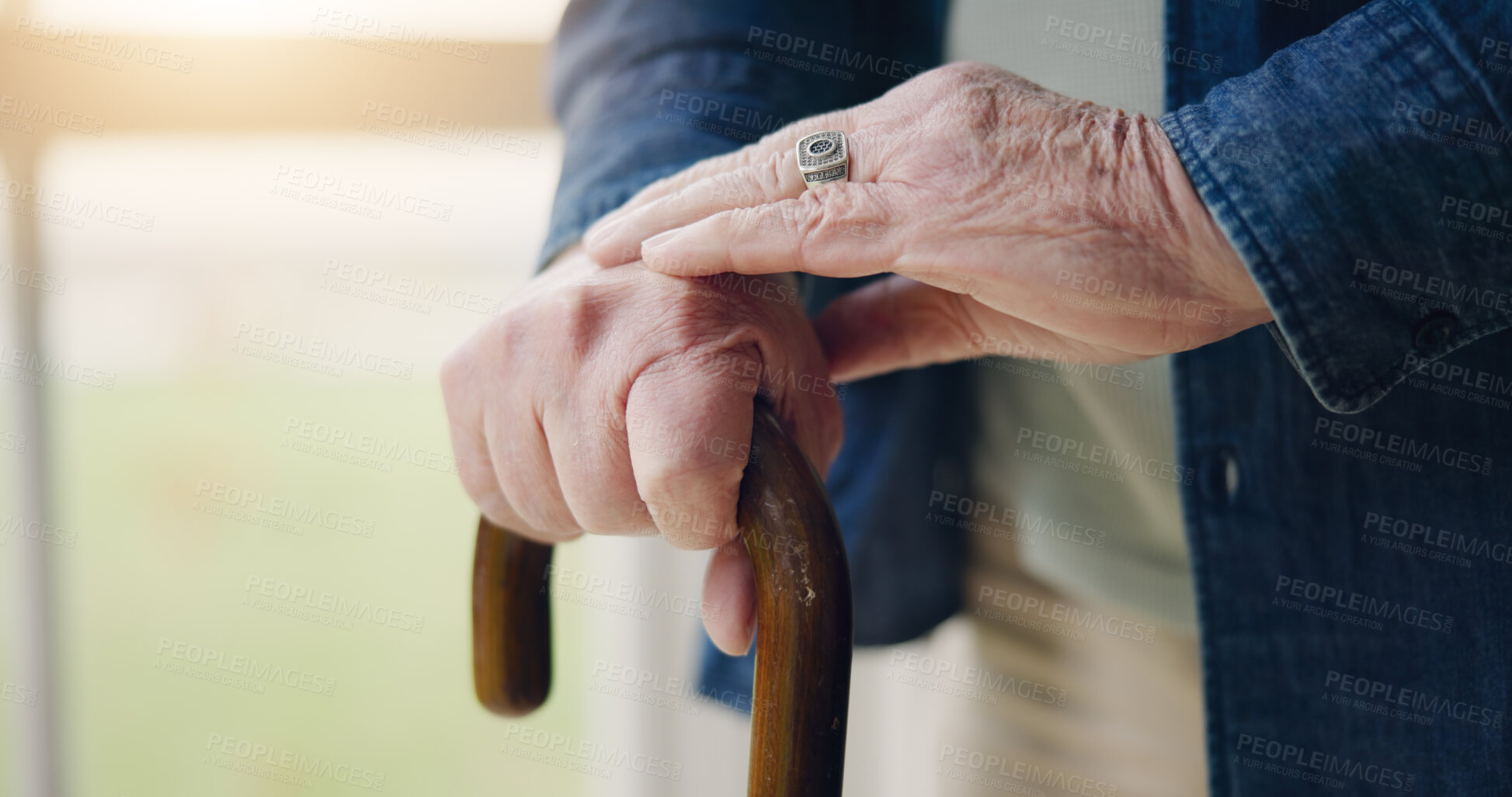 Buy stock photo Hands, walking stick or elderly person with disability, retirement closeup or cancer in home. Senior care, cane or help with balance, support or Parkinson disease with arthritis with health issue