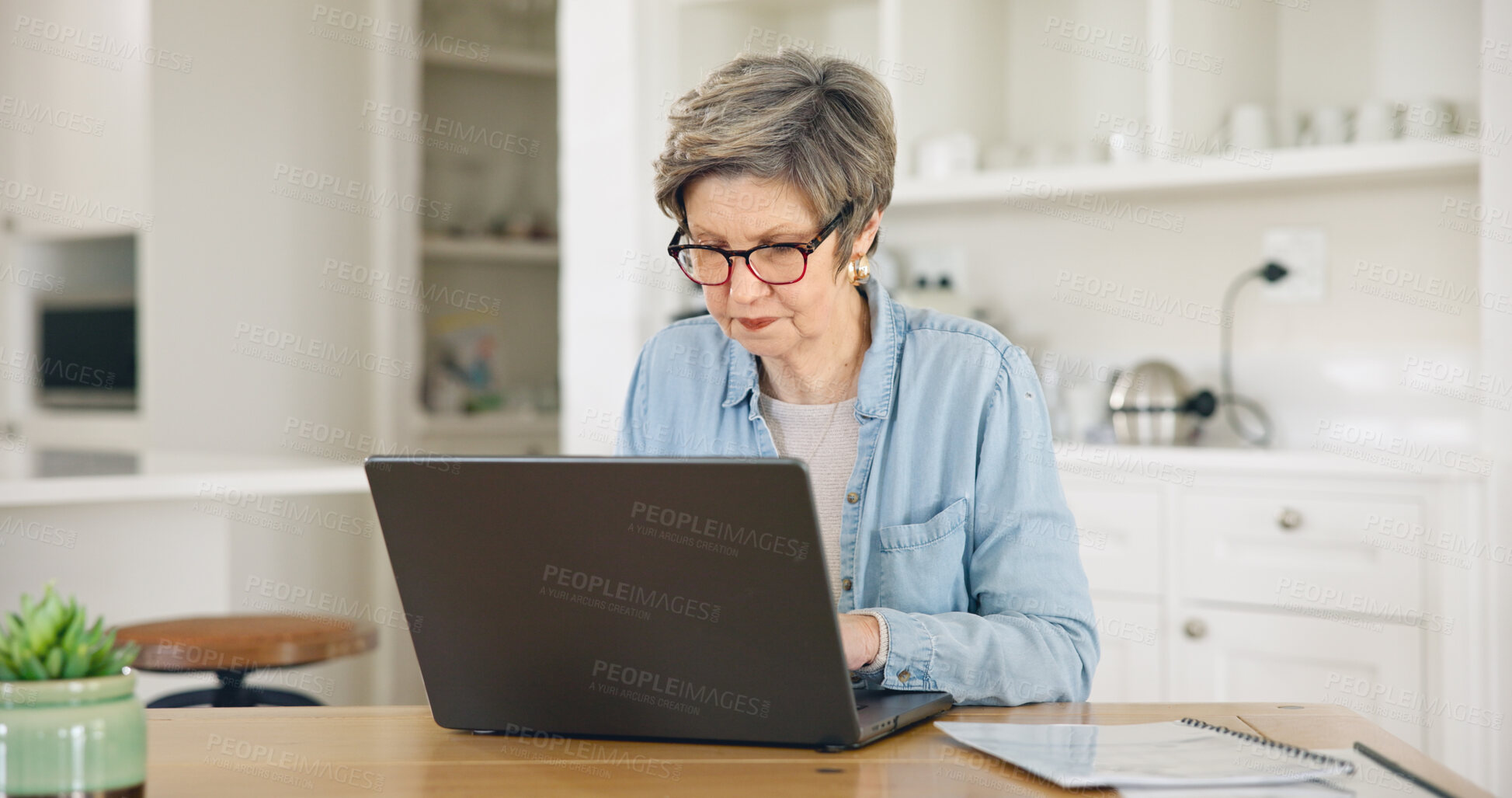 Buy stock photo Home, laptop and senior woman reading website for asset management services, registration or planning retirement. Elderly person on computer of pension research, funding application or life insurance