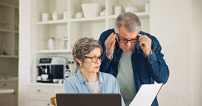 Buy stock photo Senior couple, documents and finance in budget planning, expenses or bills together at home. Mature man and woman busy with paperwork for financial investment, retirement plan or mortgage at house