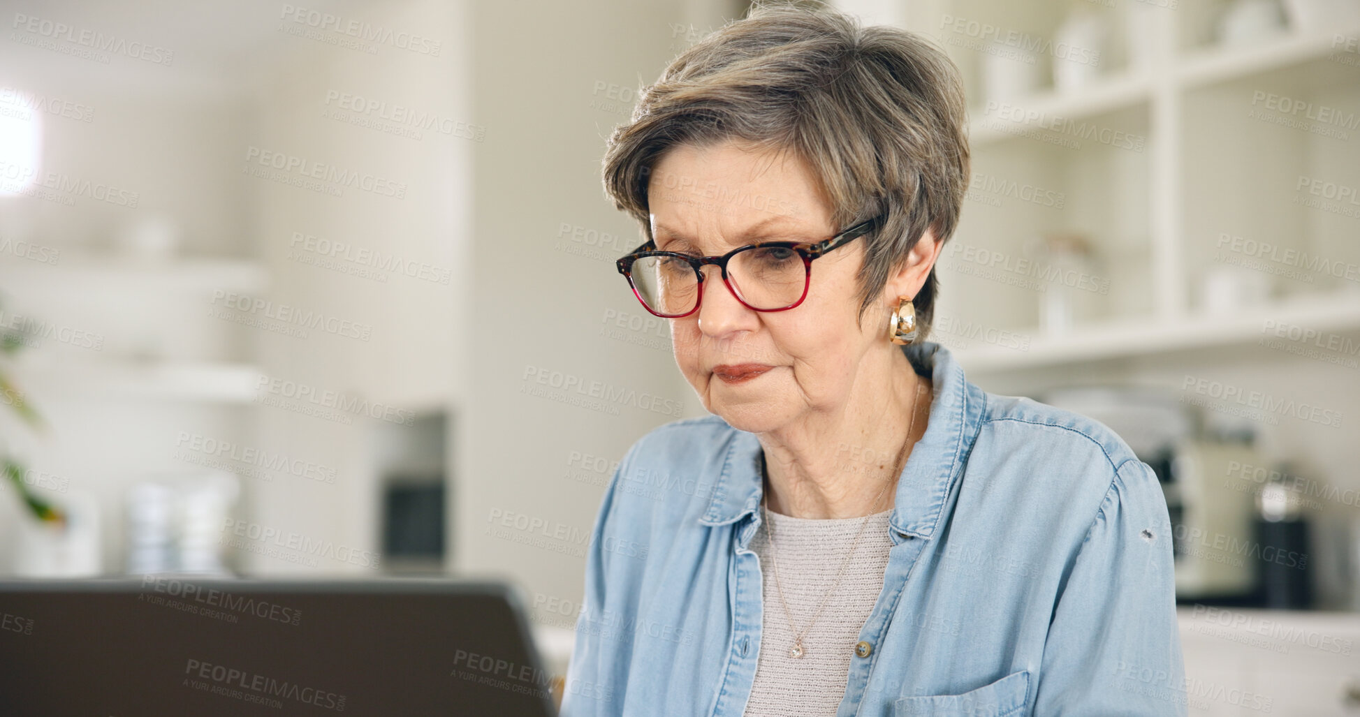 Buy stock photo Elderly woman, search or laptop in home with internet connection for streaming video or movie online. PC, blog or senior person reading news on social media typing on technology for communication