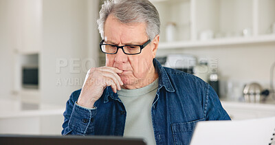Buy stock photo Thinking, laptop or elderly man with paperwork planning for financial spreadsheet or retirement investment. Documents, web or senior person reading news online or savings account or banking in home