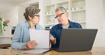 Buy stock photo Senior couple, bills and stress on laptop for home debt, financial fail or budget risk with questions or planning on laptop. Elderly woman and man with documents for loan and inflation or bankruptcy