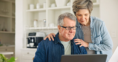 Buy stock photo Budget, laptop or senior couple planning for financial spreadsheet or investment in retirement. Research, finance report or elderly people typing online to check savings account, mortgage or taxes