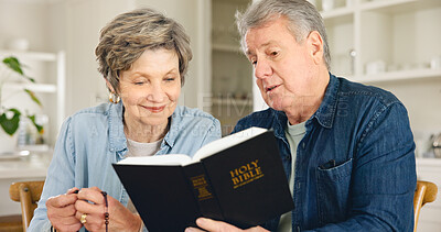 Buy stock photo Bible study, reading and senior couple in home with Christian worship, prayer and education in faith. Elderly, people and studying holy gospel, religion or trust in God and together in retirement
