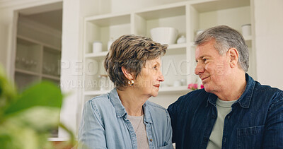 Buy stock photo Love, home and mature couple eye contact, affection and bonding for romance, relax retirement or quality time. Soulmate, care and elderly old man, senior woman or marriage people together in Portugal