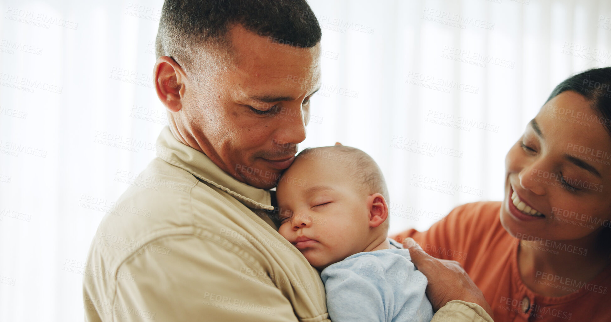 Buy stock photo Family, love and parents holding baby for bonding, healthy relationship and childcare in home. Happy, childhood and mother, father and newborn infant embrace, care and relax together for happiness