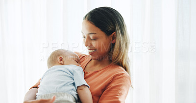 Buy stock photo Family, love and mother with baby in home for bonding, healthy relationship and childcare in bedroom. Happy, childhood and mom and newborn infant embrace, care and affection together for happiness