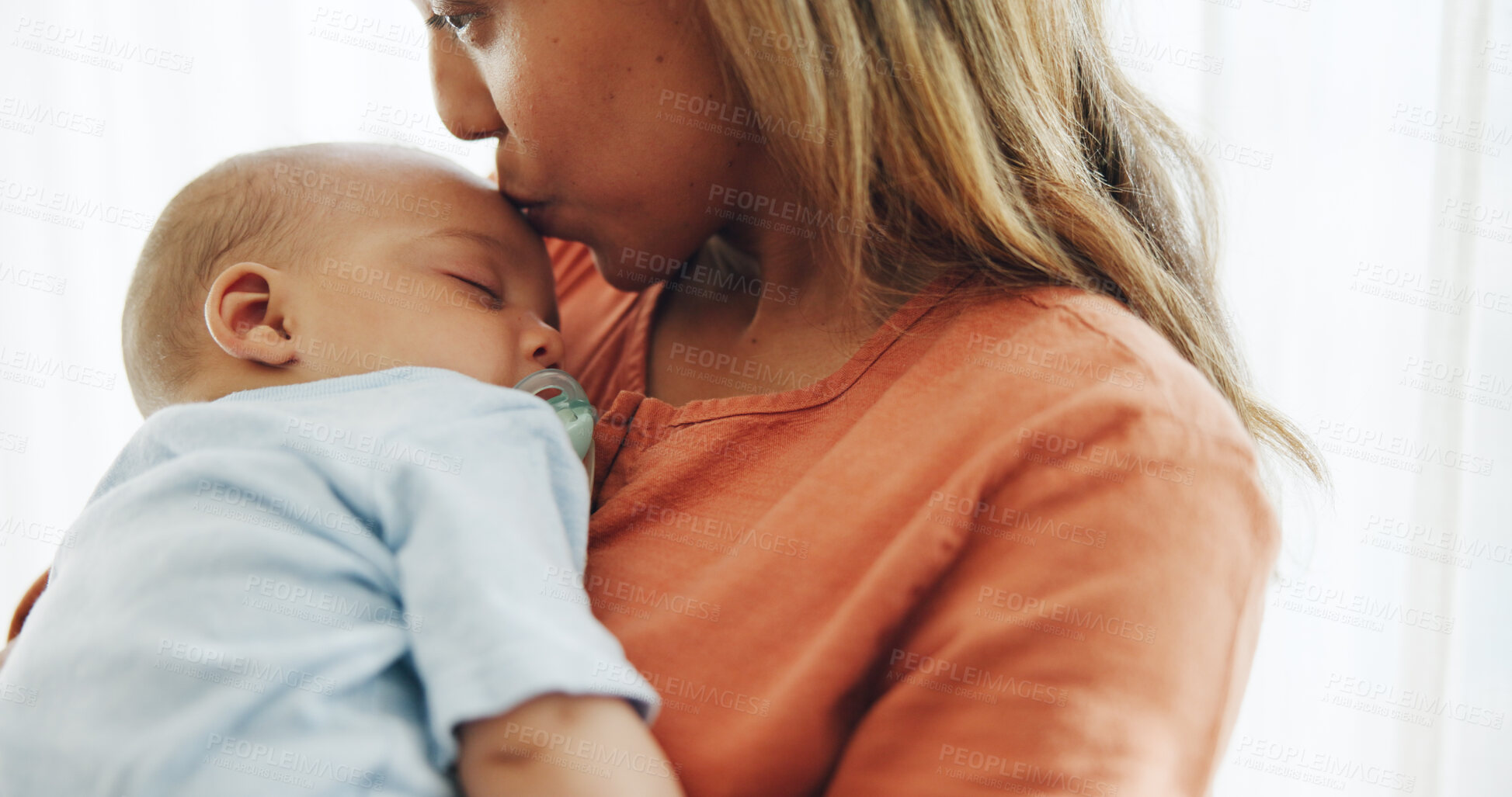 Buy stock photo Family, love and mother kiss baby for bonding, healthy relationship and childcare in home. Happy, childhood and mom and newborn infant embrace, care and relax together for affection and support