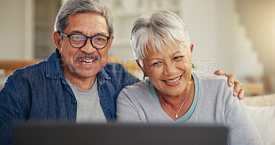 Buy stock photo Home, laptop and senior couple with video call, smile and connection with happiness, speaking or communication. Apartment, old man or elderly woman with pc, joy or network with internet or online web