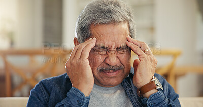 Buy stock photo Headache, senior man and stress in home for mistake, mental health and brain fog in retirement. Face, tired and frustrated elderly guy with migraine, crisis and pain of vertigo, trauma and fatigue