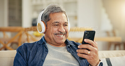 Buy stock photo Senior, happy man and headphone for video call in living room by internet, web or app. Elderly person, smile and technology for connectivity, cellular or network with mobile for communication in home