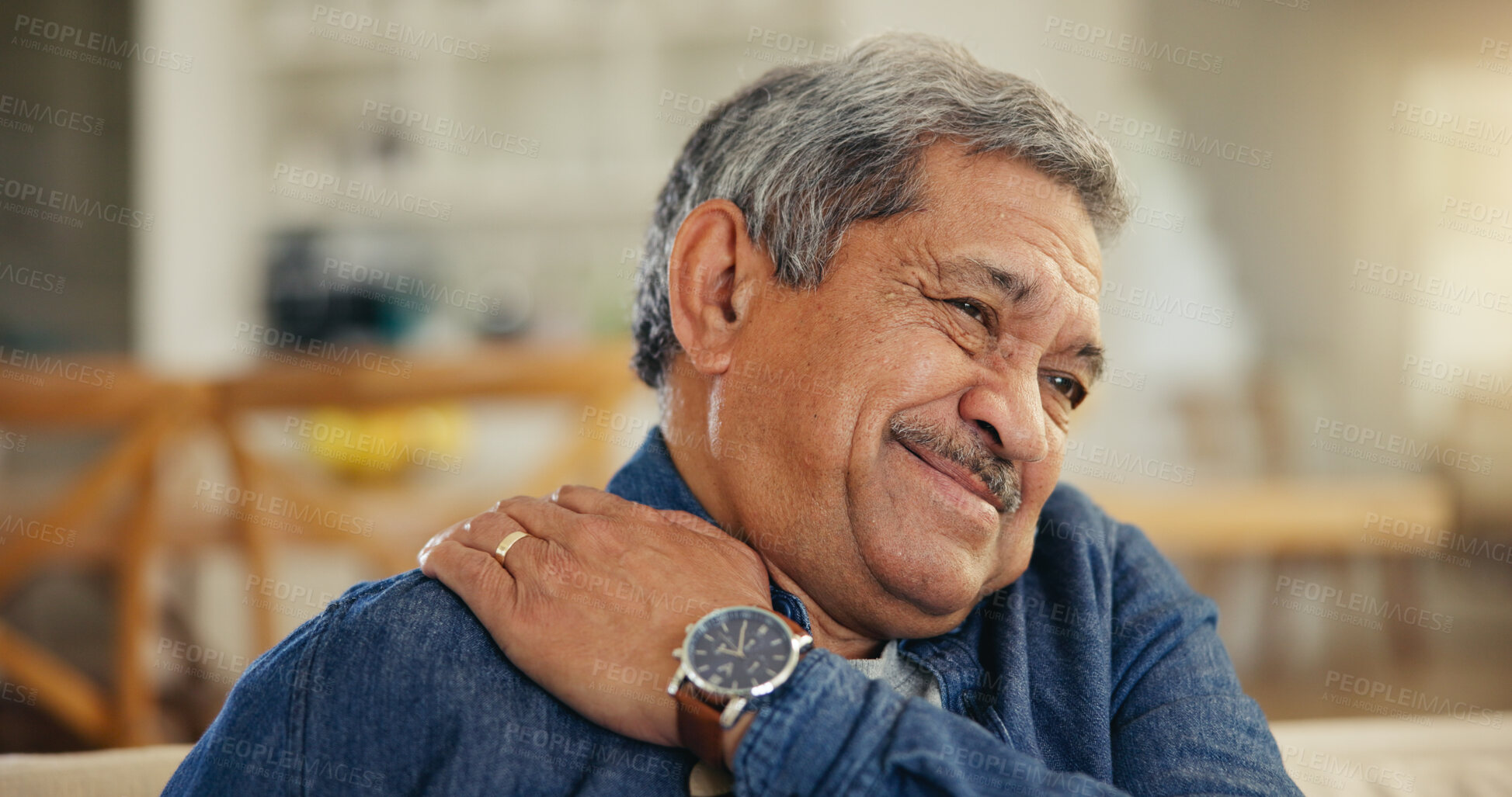 Buy stock photo Senior man, shoulder and pain in home from arthritis, osteoporosis and tired joints, muscle and medical emergency. Face of elderly guy massage arm for injury, fibromyalgia or help for healthcare risk