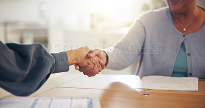 Buy stock photo People, handshake and meeting for retirement plan, documents or paperwork in deal or insurance at home. Closeup of senior woman shaking hands with attorney or lawyer for legal agreement at house