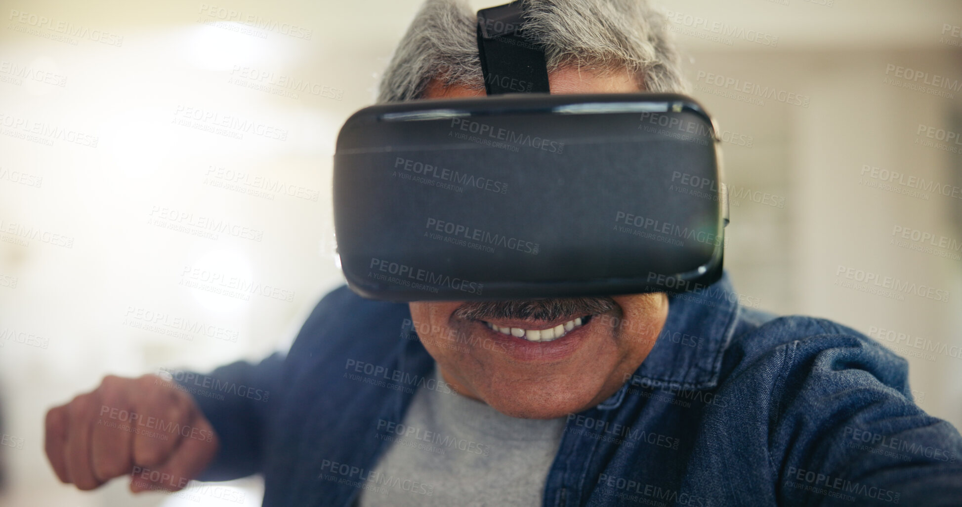 Buy stock photo Happy man, interactive and game with vr glasses in home for fun, playing or adventure online in retirement. Mature person, smile and futuristic for technology, metaverse or app with streaming service