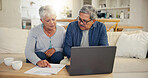 Elderly, couple and discussion with document for financial planning, investment or paperwork for retirement. Senior man, woman and laptop with budget for online banking, account or savings in home
