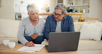 Buy stock photo Elderly, couple and laptop with document for financial planning, investment or paperwork for retirement. Senior man, woman and tech with budget for online banking, account or savings in home