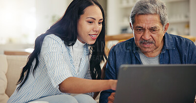 Buy stock photo Woman, senior father and laptop with teaching, reading and typing for email notification, web or search. Computer, elderly dad and daughter with click, learning and family home lounge on social media