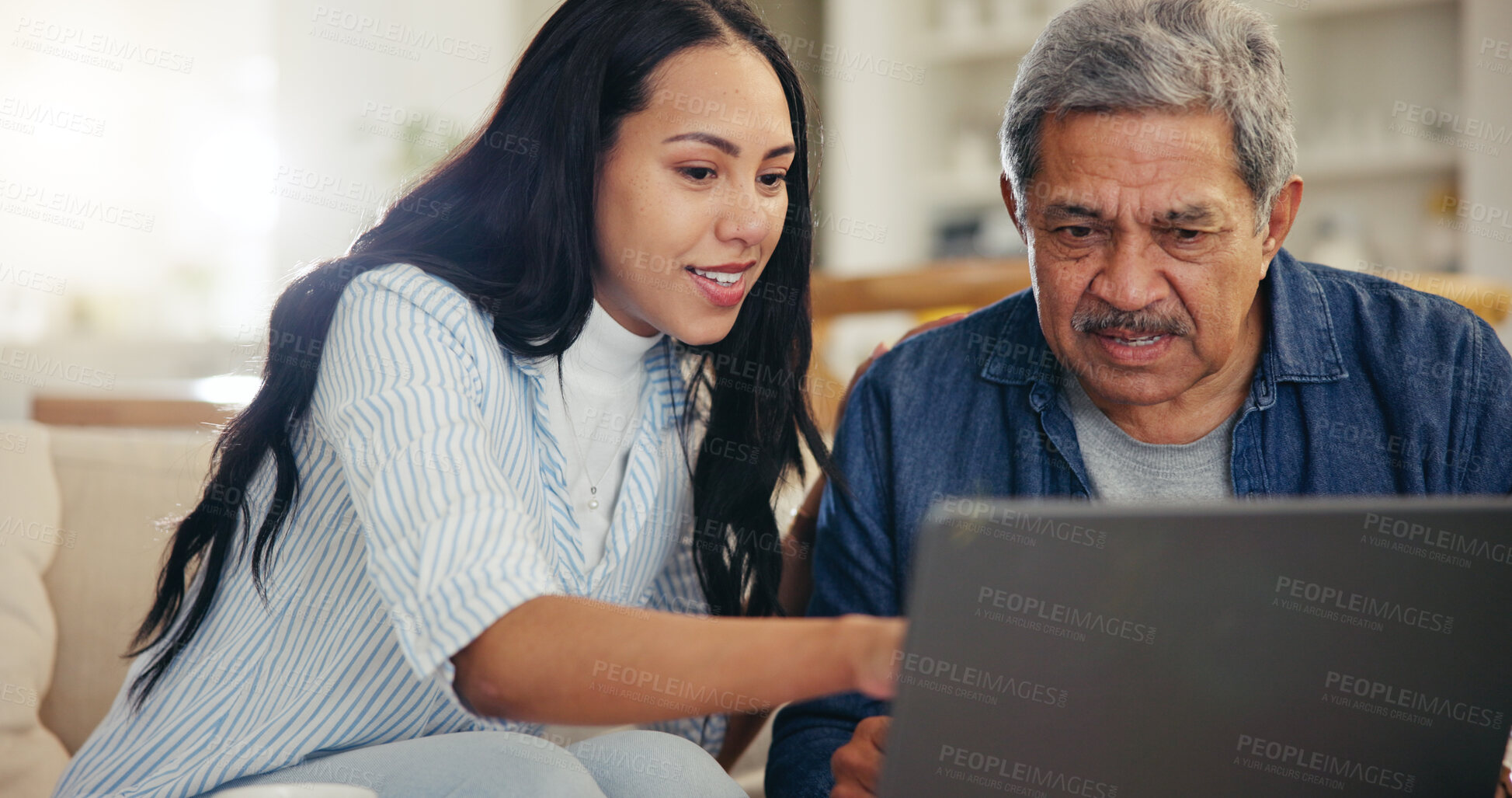 Buy stock photo Woman, senior father and laptop with teaching, reading and typing for email notification, web or search. Computer, elderly dad and daughter with click, learning and family home lounge on social media