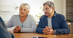 Senior couple, documents and listening to lawyer for retirement plan, finance or investment at home. Mature man and woman with attorney for budget planning, paperwork or legal agreement together