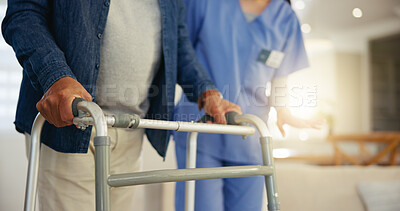 Buy stock photo Senior man, person with disability and walking frame for support, nurse and handholding. Healthcare, elderly for medical care, patient rehabilitation and physiotherapy for injury and recovery help
