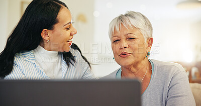 Buy stock photo Woman, elderly mom and laptop with teaching, reading and typing for email notification, web or search. Computer, senior mother and daughter with click, learning and family home lounge on social media