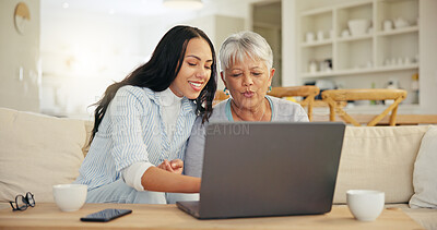 Buy stock photo Woman, senior mom and laptop with teaching, reading and typing for email notification, web or search. Computer, elderly mother and daughter with click, learning and family home lounge on social media