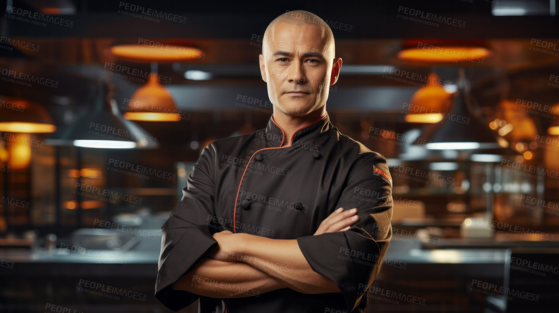 Buy stock photo Head Chef, male and portrait of business man standing arms crossed in a restaurant kitchen. Confident, skilled and professional worker looking at camera for owner, career or hospitality occupation