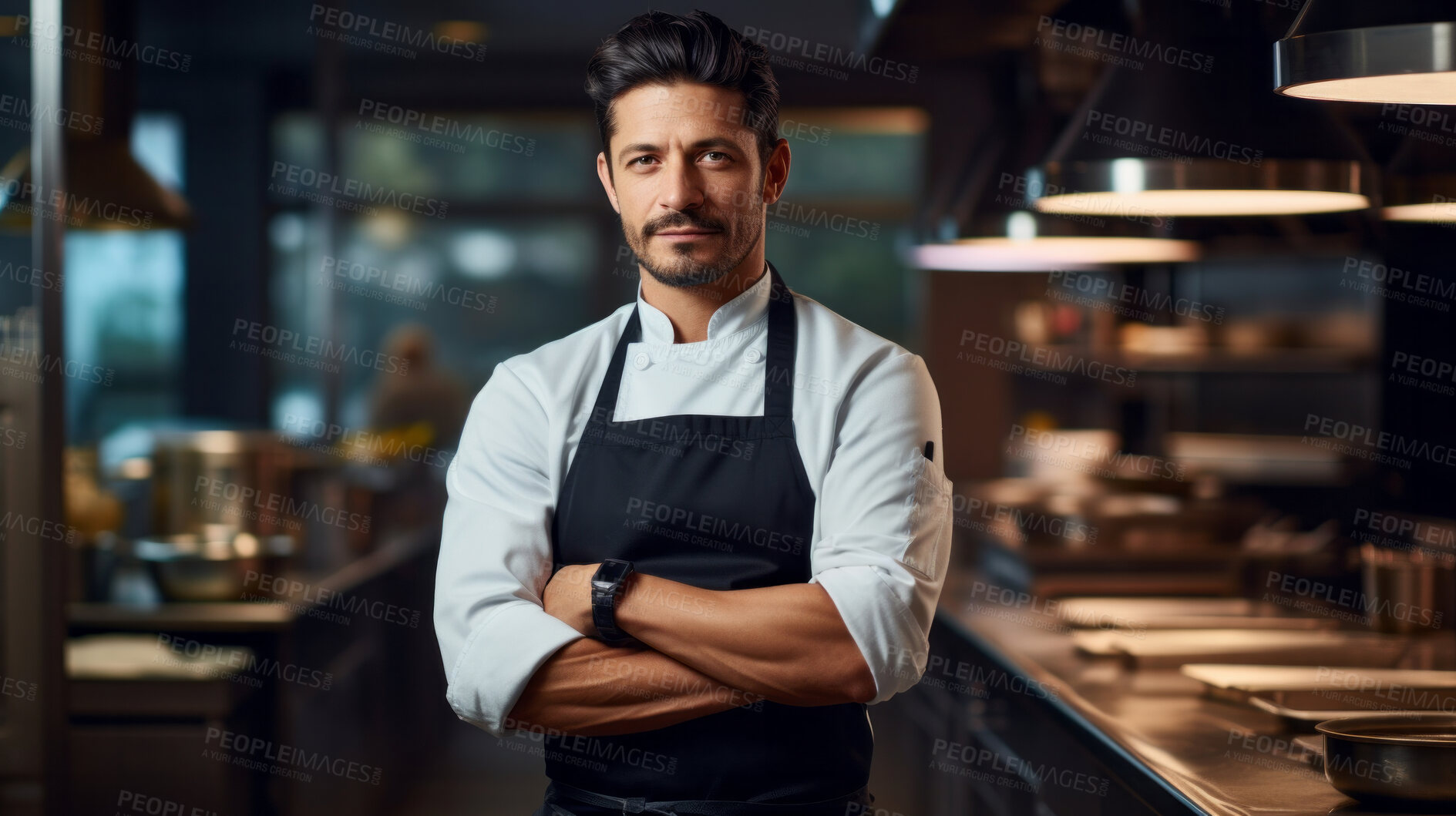 Buy stock photo Head Chef, male and portrait of business man standing arms crossed in a restaurant kitchen. Confident, skilled and professional worker looking at camera for owner, career or hospitality occupation