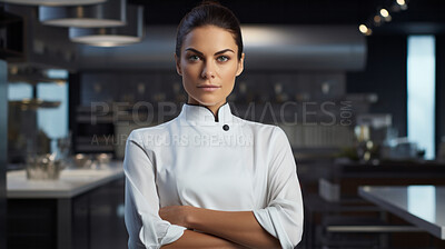 Head Chef, female and portrait of business woman standing arms crossed in a restaurant kitchen. Confident, skilled and professional worker looking at camera for owner, career or hospitality occupation