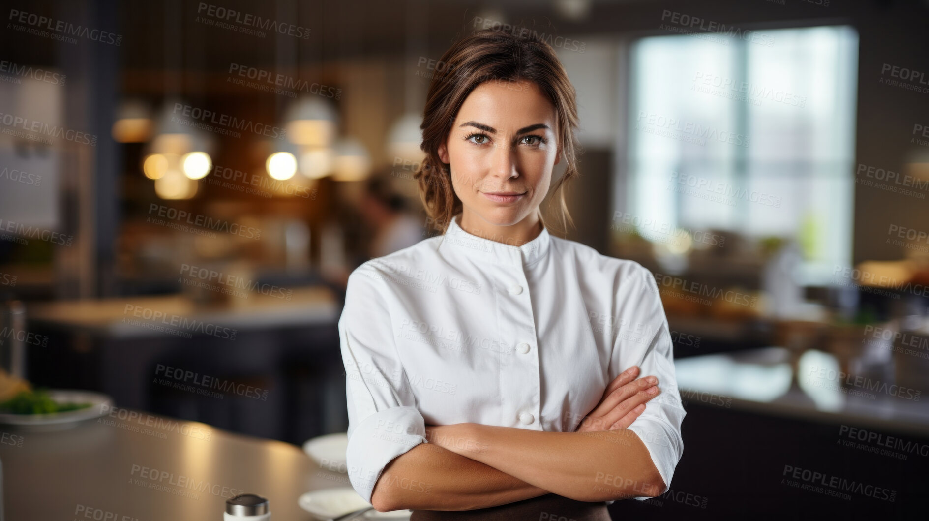 Buy stock photo Head Chef, female and portrait of business woman standing arms crossed in a restaurant kitchen. Confident, skilled and professional worker looking at camera for owner, career or hospitality occupation