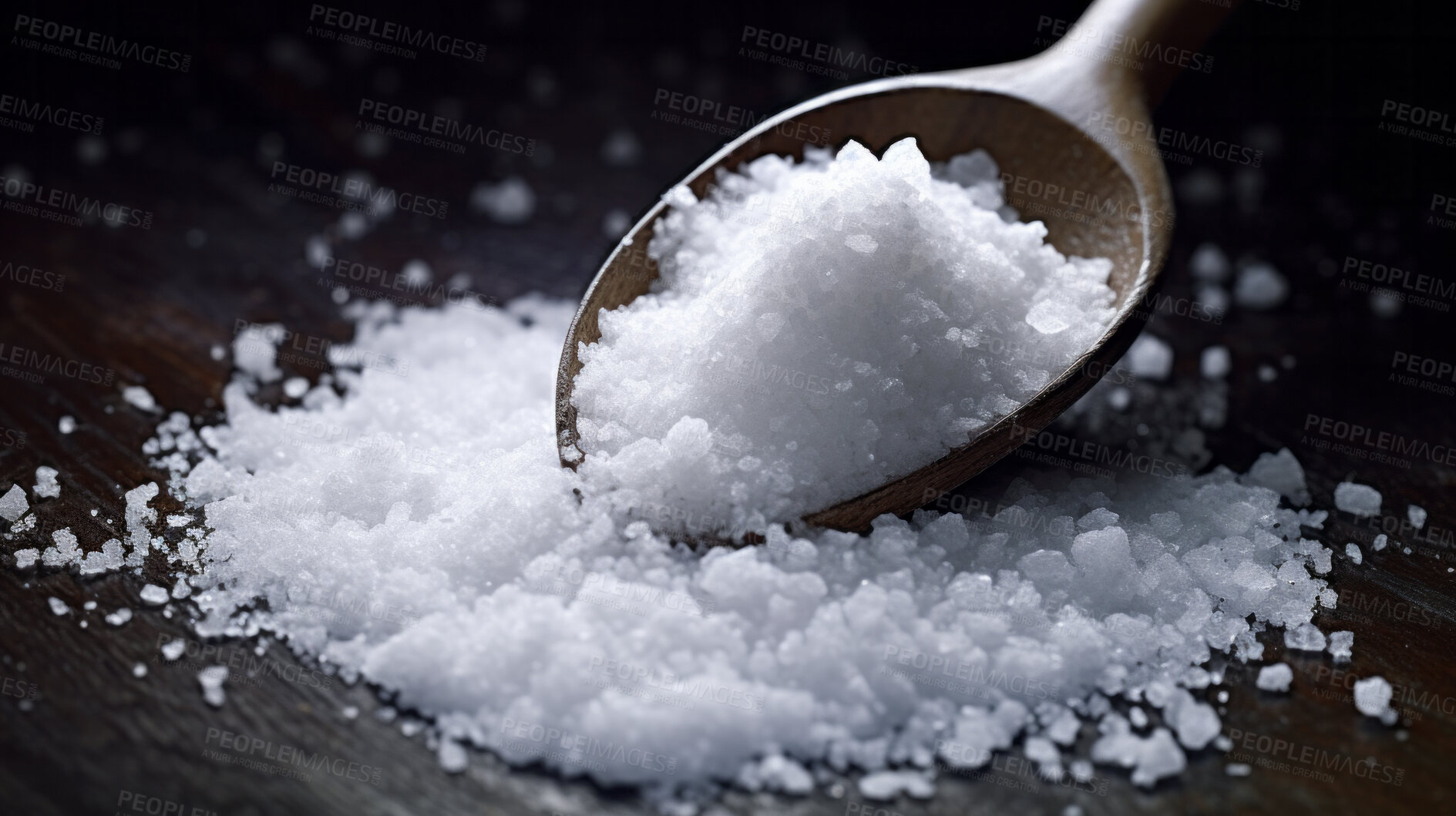 Buy stock photo White, coarse, natural sea salt with a wooden spoon for cooking, diet and health. Rustic, rough and texture for organic food flavour enhancer and macro photography in studio for beauty spa treatments