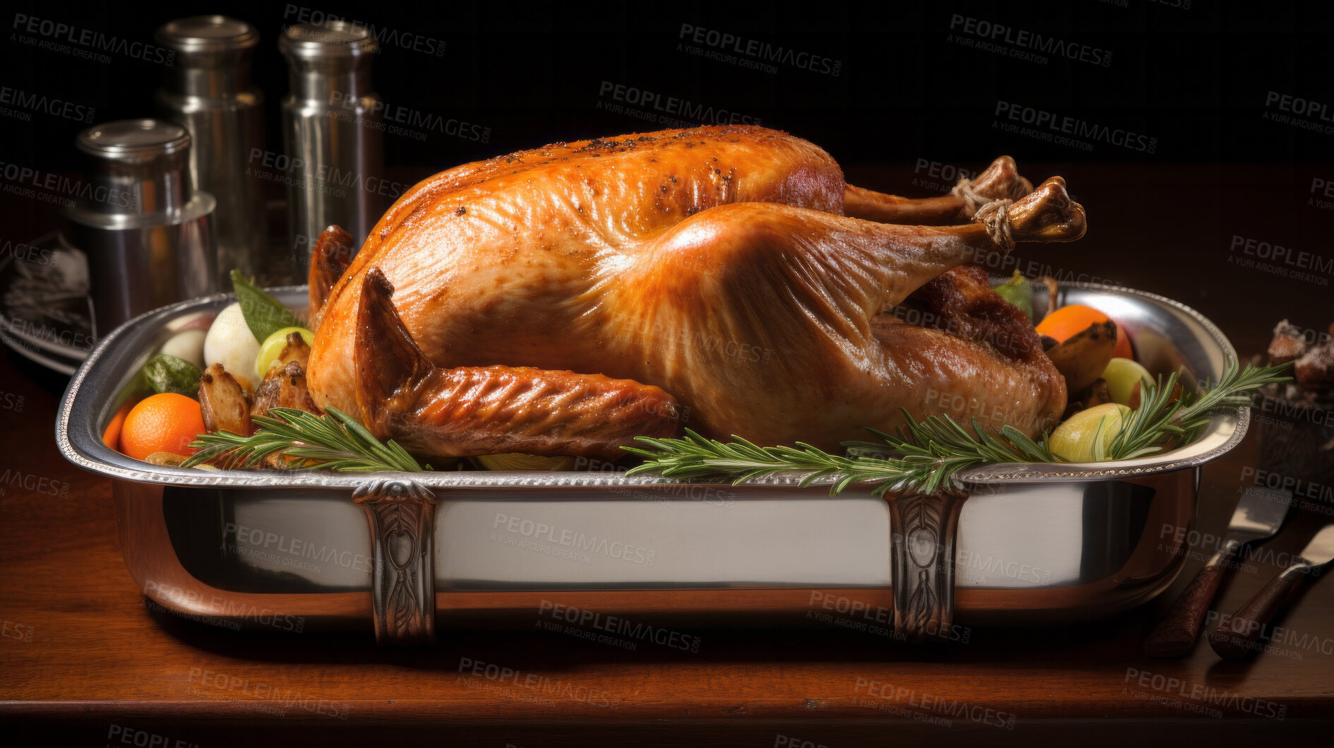 Buy stock photo Thanksgiving, roasted and turkey supper for autumn holiday celebration in an oven dish. Vegetables, rustic and american festival meal on a dark background for food photography in kitchen or a studio