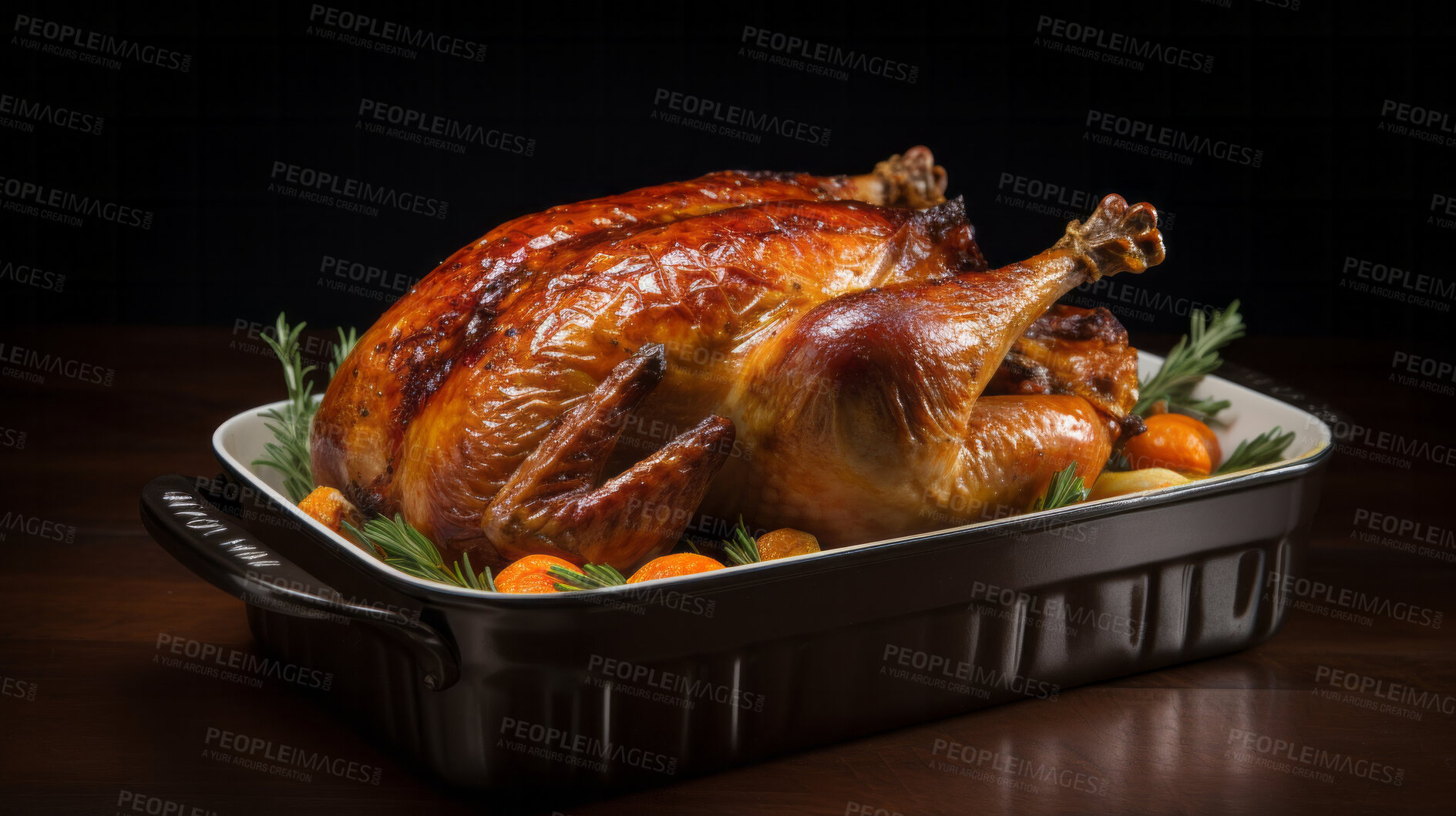 Buy stock photo Thanksgiving, roasted and turkey supper for autumn holiday celebration in an oven dish. Vegetables, rustic and american festival meal on a dark background for food photography in kitchen or a studio