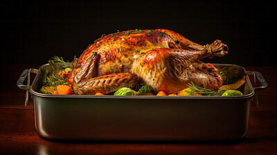 Thanksgiving, roasted and turkey supper for autumn holiday celebration in an oven dish. Vegetables, rustic and american festival meal on a dark background for food photography in kitchen or a studio