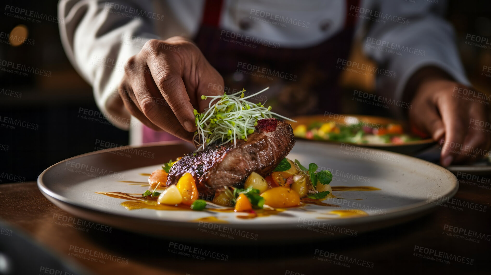 Buy stock photo Close-up, chef and food garnishing for fine dining, restaurant cuisine and dinner. Professional worker, creative and cropped closeup image of a hand preparing a delicious healthy meal in a kitchen.