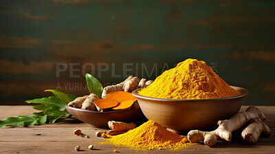Dry turmeric, fresh root and Indian spice for cooking and traditional cuisine or food. Colourful, fresh and dry seasoning closeup for chefs, culture and organic recipe ingredients on a dark background