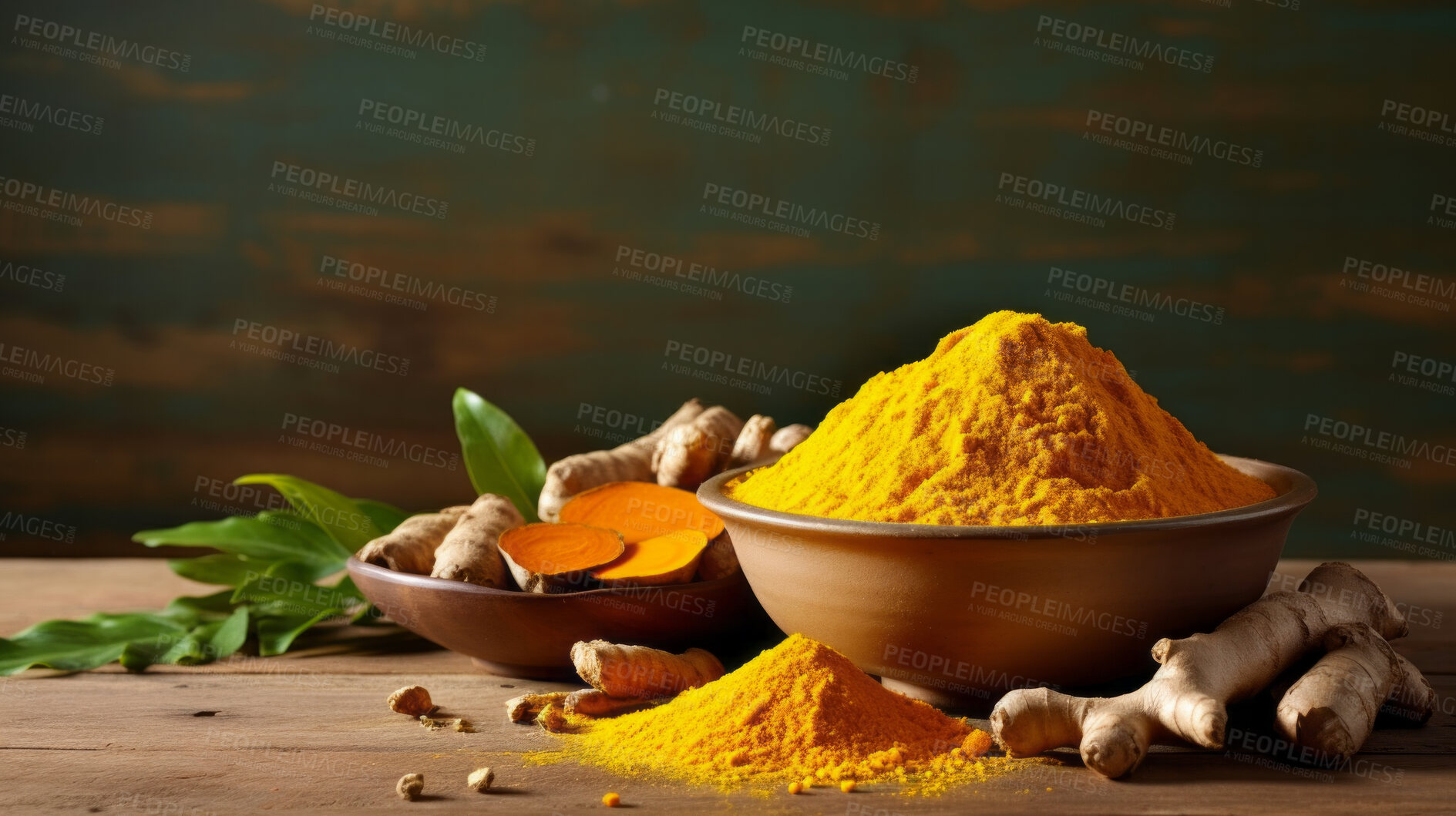 Buy stock photo Dry turmeric, fresh root and Indian spice for cooking and traditional cuisine or food. Colourful, fresh and dry seasoning closeup for chefs, culture and organic recipe ingredients on a dark background