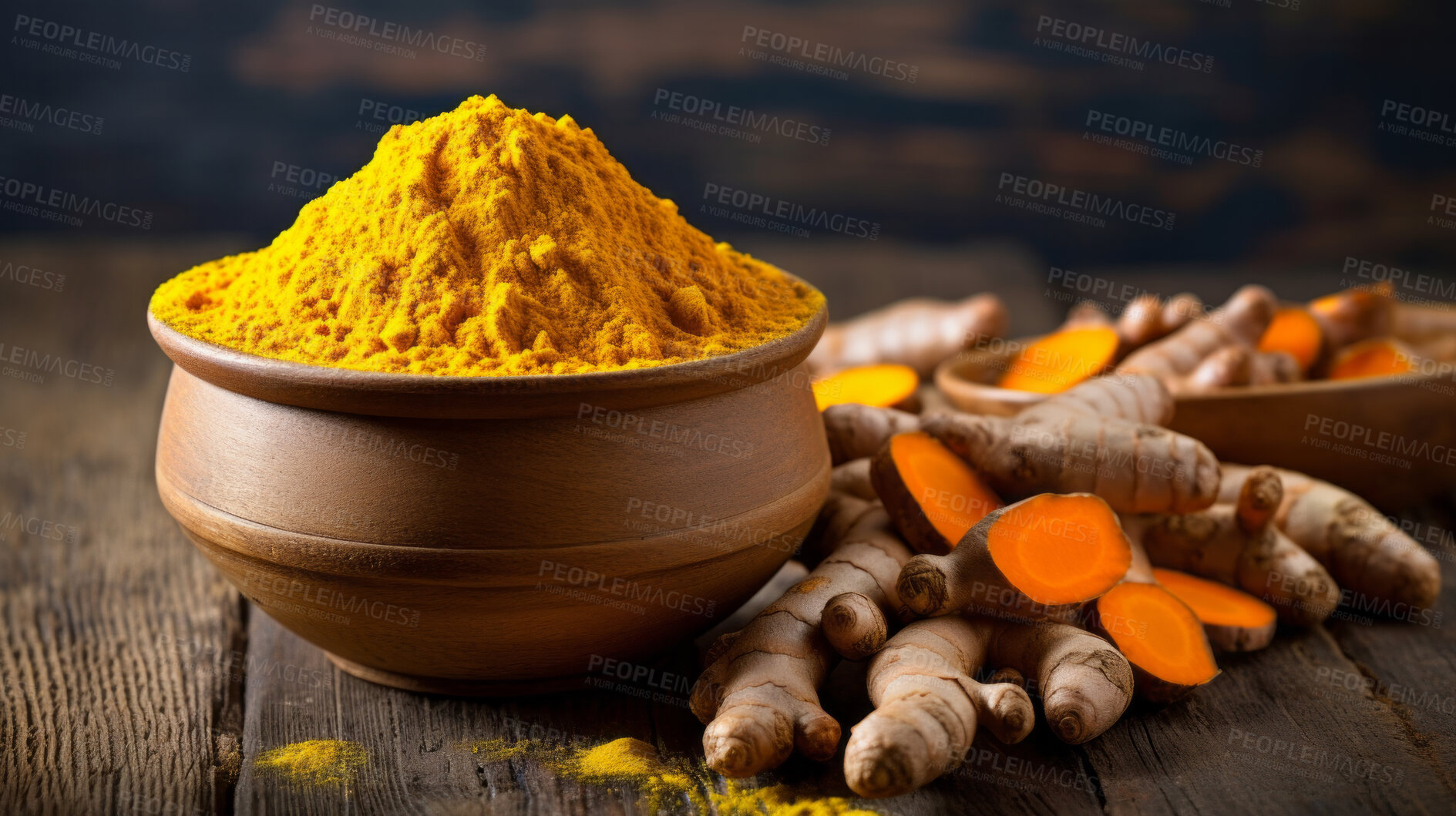 Buy stock photo Dry turmeric, fresh root and Indian spice for cooking and traditional cuisine or food. Colourful, fresh and dry seasoning closeup for chefs, culture and organic recipe ingredients on a dark background