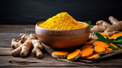 Dry turmeric, fresh root and Indian spice for cooking and traditional cuisine or food. Colourful, fresh and dry seasoning closeup for chefs, culture and organic recipe ingredients on a dark background