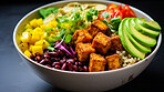 Asian healthy, buddha bowl and lunch  with superfood, vegetables or delicious balanced meal for diet, health or weight loss. Tofu, quinoa and mixed bowl for detox, lifestyle, cuisine and restaurant