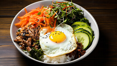 Traditional, Korean, bibimbap dish in a bowl for chef, fine dining and dinner ideas. Food photography, meal and cuisine closeup for wellness, health restaurant and cultural on a dark background