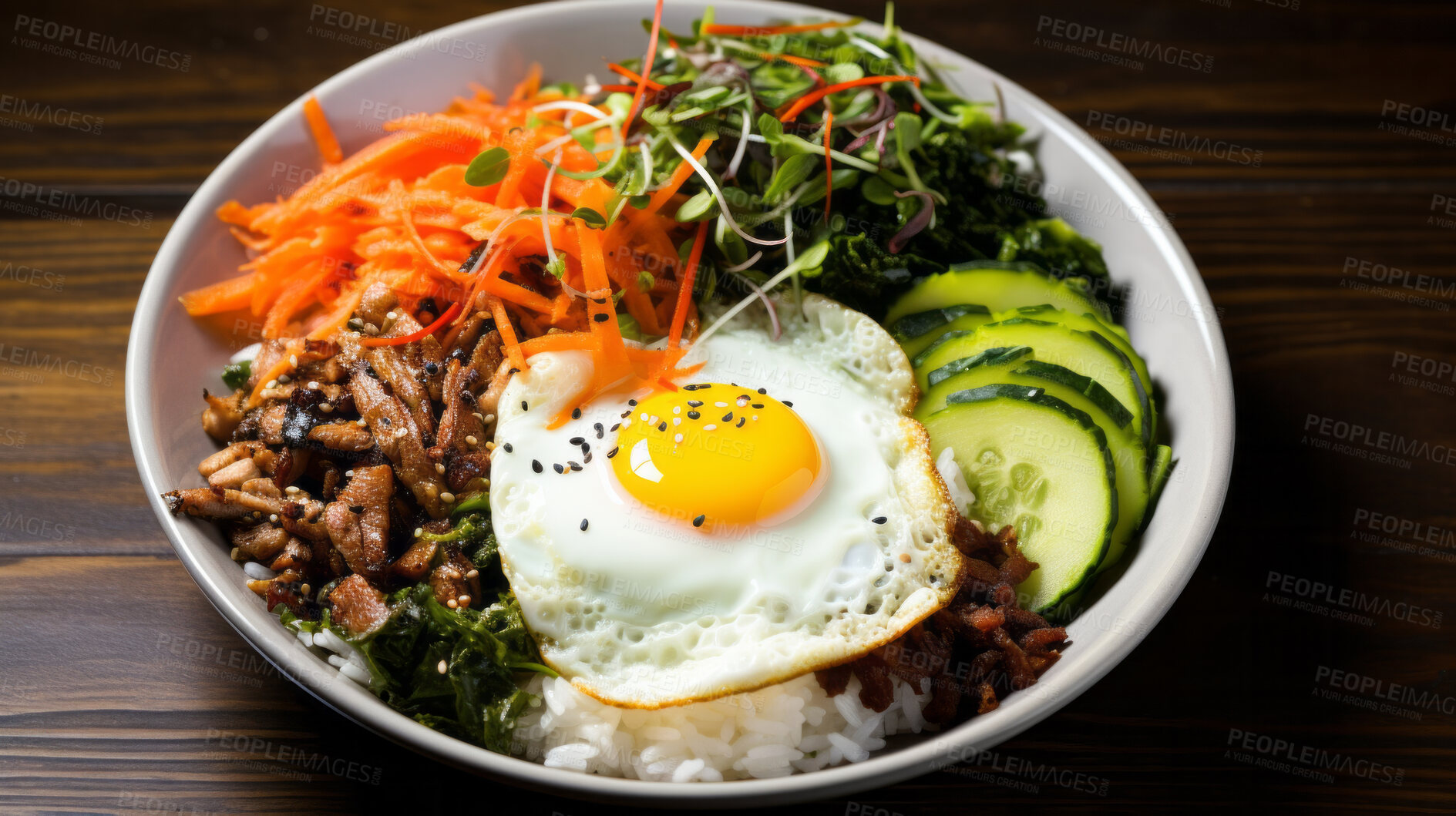 Buy stock photo Traditional, Korean, bibimbap dish in a bowl for chef, fine dining and dinner ideas. Food photography, meal and cuisine closeup for wellness, health restaurant and cultural on a dark background