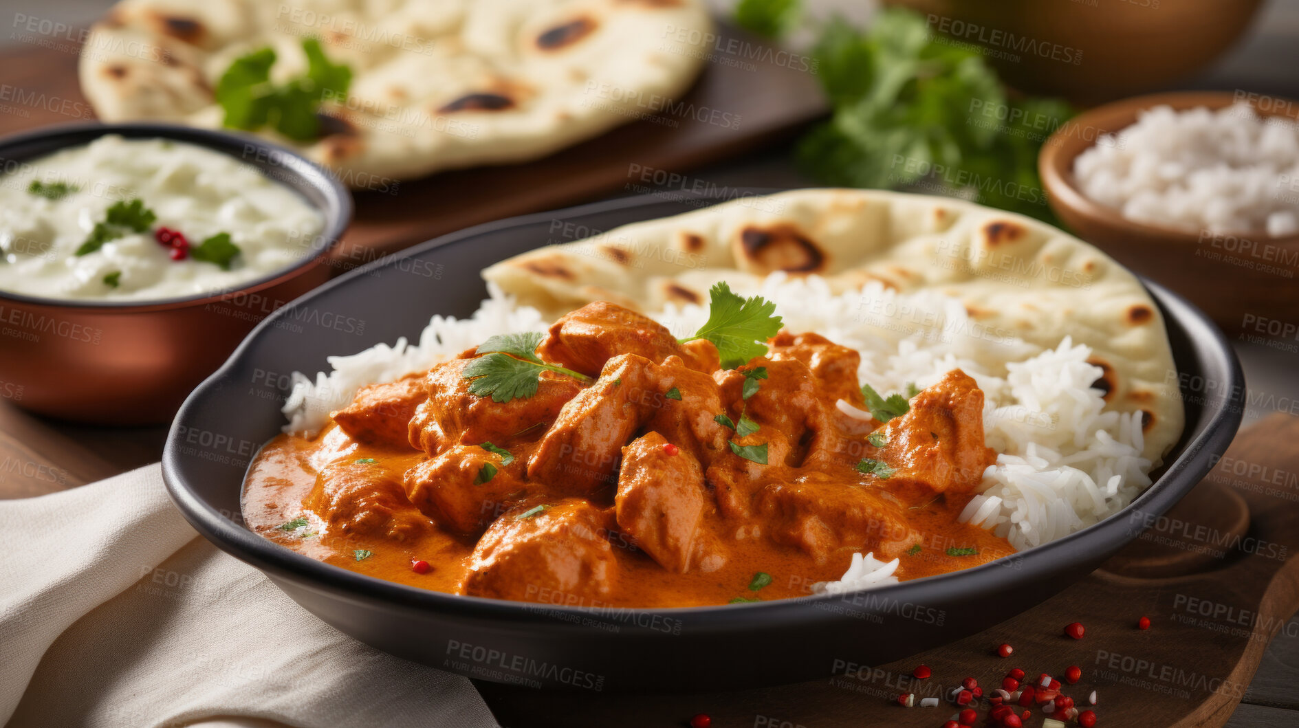 Buy stock photo Butter chicken, naan and food on a plate for chef, fine dining and dinner ideas. Food photography, meal and Indian or asian cuisine closeup for restaurant and traditional on a dark background