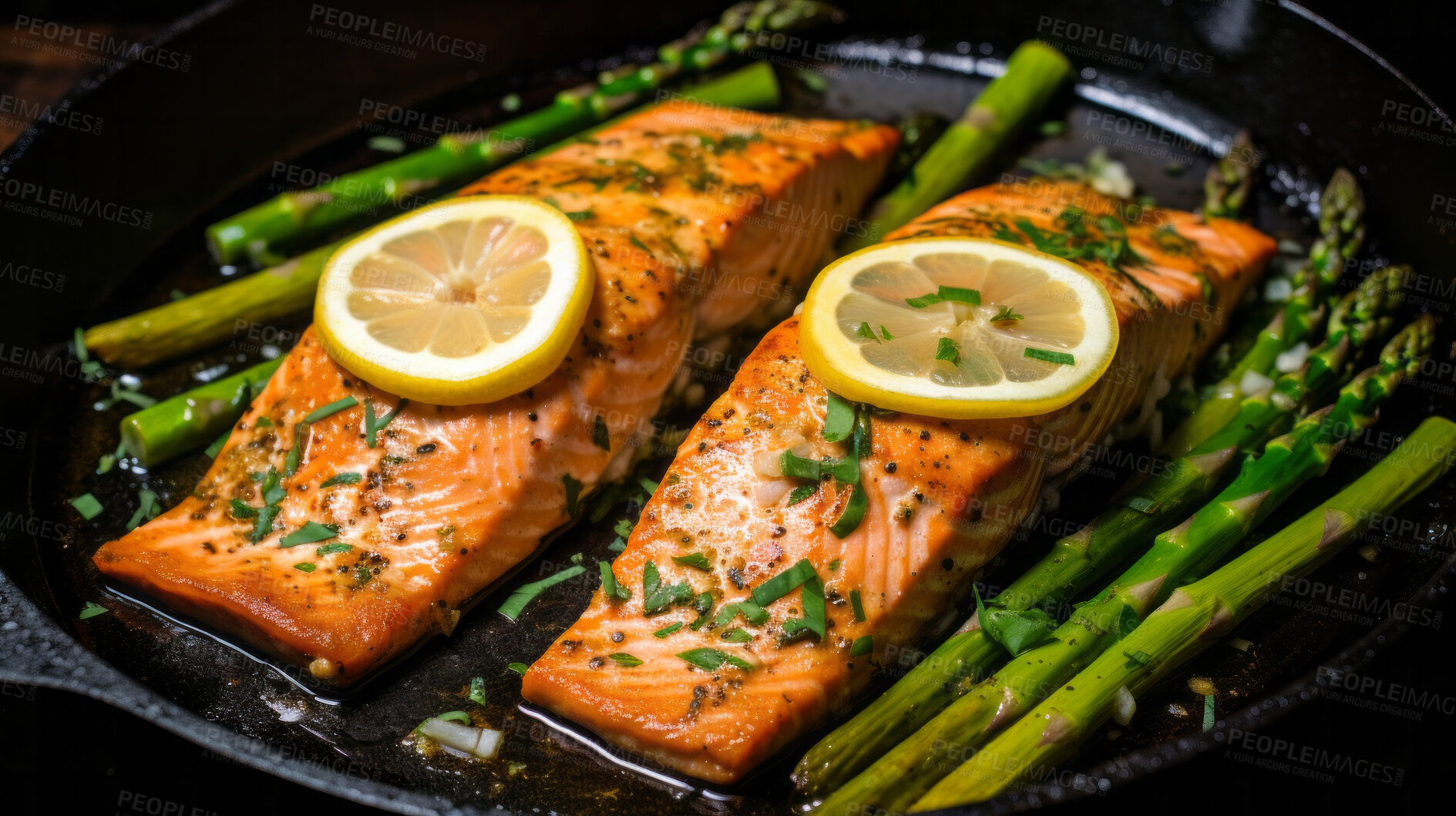 Buy stock photo Salmon, steak and vegetables on a plate for chef, fine dining and dinner ideas. Food photography, meal and cuisine closeup for wellness restaurant and traditional on a dark table background