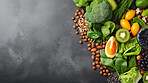 Various, fresh and vegetables on a dark background for market, shopping or organic farming. Colourful, mixed and produce flat-lay or top view for wellness cooking and health, lifestyle, and diet