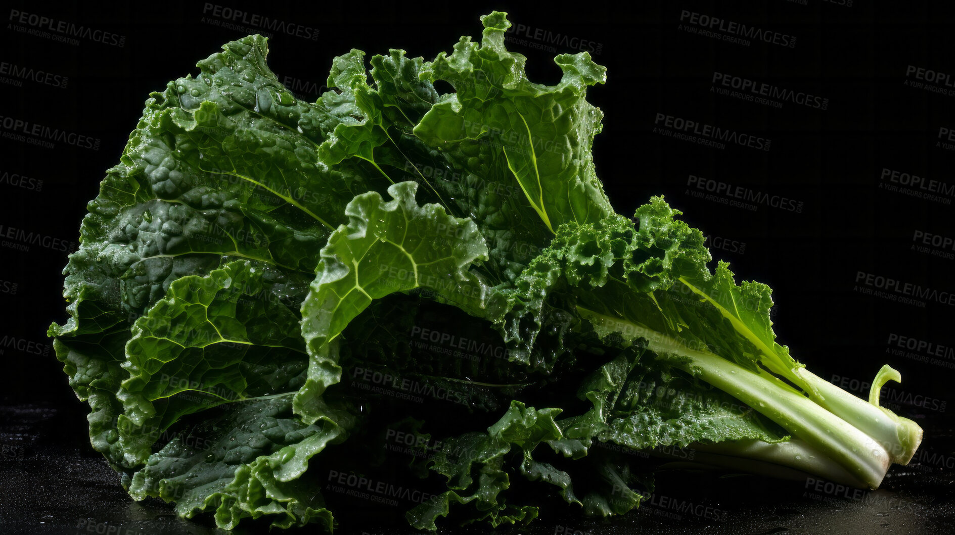 Buy stock photo Fresh, kale and green leaf isolated on a black background for diet, health and detox. Organic, leaves, produce from garden for salad, benefits, and wellness food photography on a dark backdrop