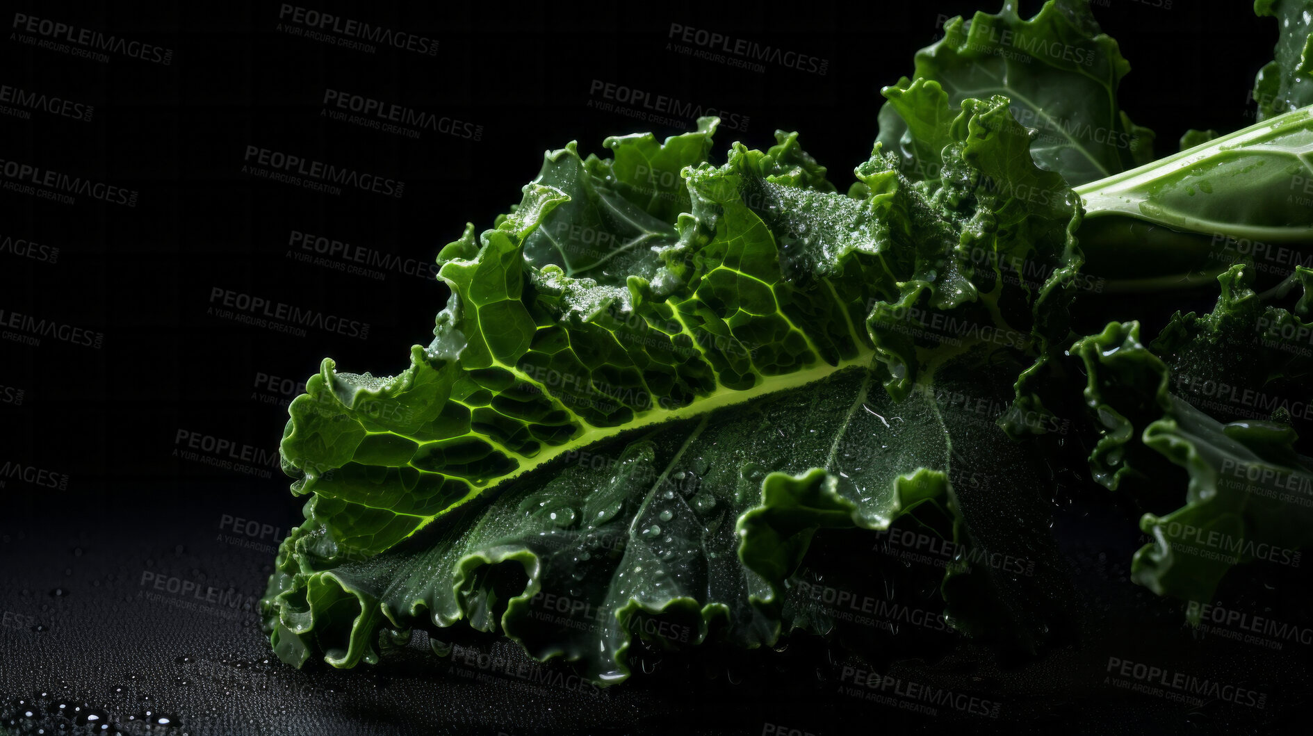 Buy stock photo Fresh, kale and green leaf isolated on a black background for diet, health and detox. Organic, leaves, produce from garden for salad, benefits, and wellness food photography on a dark backdrop