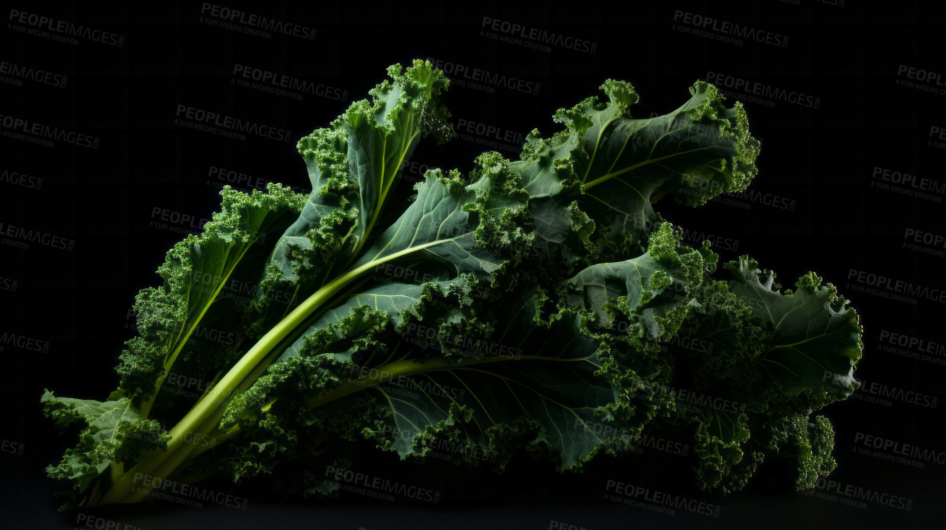 Buy stock photo Fresh, kale and green leaf isolated on a black background for diet, health and detox. Organic, leaves, produce from garden for salad, benefits, and wellness food photography on a dark backdrop